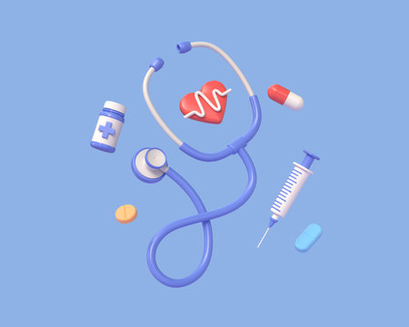 3D medical stethoscope for doctors and heart with pulse line, pills, syringe in cartoon style. concept of medicine and healthcare. illustration isolated on blue background. 3D renderingの写真素材