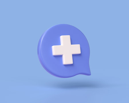 3d plus sign on speech bubble in cartoon style. medicine and healthcare concept.illustration isolated on blue background.3d renderingの写真素材