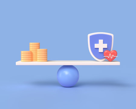 3d scales on which gold coins, a heart and a shield with a plus are balanced. concept of balance between money and health.illustration isolated on blue background. 3d renderingの写真素材