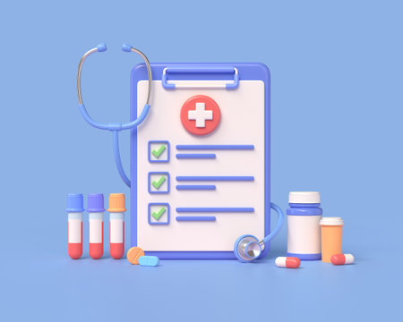 3d checklist or test results, medical test tubes and a stethoscope, jars of pills. medicine and healthcare concept.illustration isolated on blue background. 3d renderingの写真素材