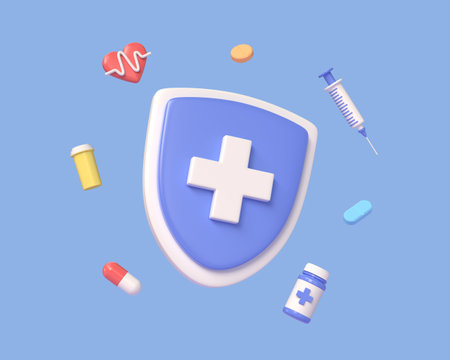 3d medical shield, pills, shield and heart sign in cartoon style. medicine and healthcare concept.illustration isolated on blue background.3d renderingの写真素材