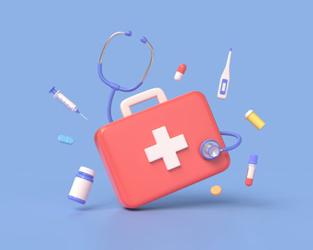 3d first aid kit, plastic bottle for pills, syringe, thermometer, stethoscope, capsules in cartoon style. concept of medicine and healthcare. illustration isolated on blue background. 3d renderingの写真素材