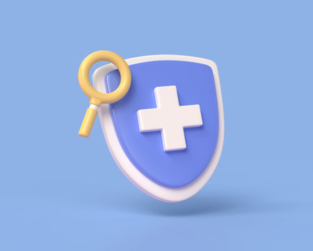 3d medical shield and magnifying glass in cartoon style. medicine and healthcare concept.illustration isolated on blue background.3d renderingの写真素材