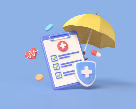 insurance concept. Insurance protection, policy Warranty business, family life care, Life insurance, Medical insurance, Umbrella, Shield, accident. 3d rendering illustrationの写真素材