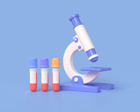 3d microscope and test tubes on a stand in cartoon style. concept of scientific research or laboratory analysis isolated on blue background. 3d renderingの写真素材