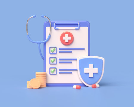 3d checklist, medical shield, coins. medical care and insurance payment concept. illustration isolated on blue background. 3d renderingの写真素材