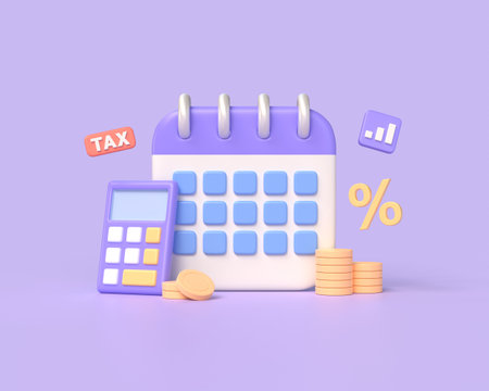 3D calculator, coins, calendar, clock, percent sign in cartoon style. business tax payment concept. financial annual report. illustration isolated on purple background. 3D renderingの写真素材