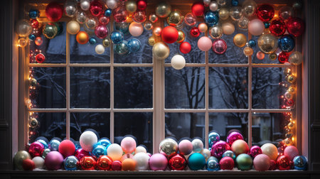 window decorated with New Year's toys. New Year or Christmas concept. ai generativeの素材