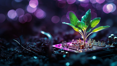 a glowing plant stem sprouts from a computer motherboard, close-up.ai generativeの素材