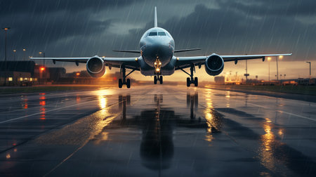 Passenger airplane takes off from the runway during rain. ai generativeの素材