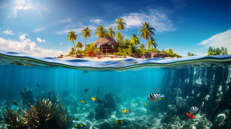 Tropical island with palm trees in the middle of an ocean and underwater life with colorful fish. Split view with waterline. ai generativeの素材