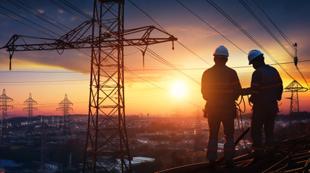 Silhouette workers construction the extension of high-voltage towers on blurred light city background in industry big. ai generativeの素材