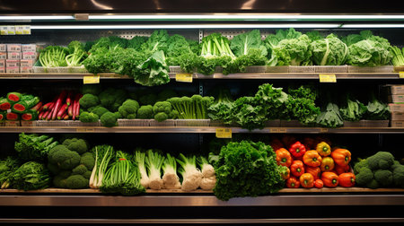 Fresh greens and vegetables on a display in a supermarket.ai generativeの素材