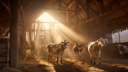 cowshed, several animals, cowshed illuminated by the morning sun, lots of clean hay, agriculture.ai generativeの素材