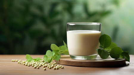 Alternative soya milk background with glass of milk and place for text. Plant based eco organic healthy product concept.ai generativeの素材
