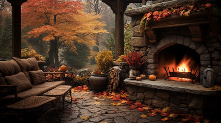 A cozy and rustic setting of an outdoor fireplace surrounded by fallen autumn leaves during a drizzle. ai generativeの素材