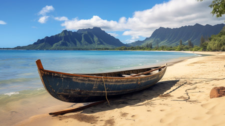 Traditional Hawaiian Canoe Resting on the Sandy Beach Shore. ai generativeの素材