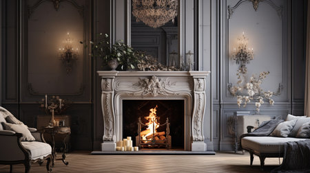 Modern fireplace in Victorian style room. ai generativeの素材