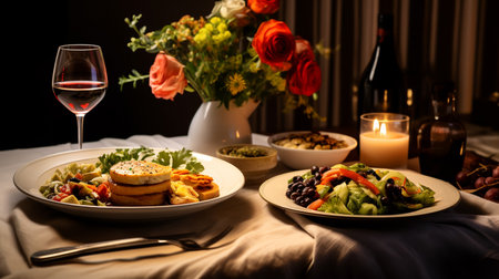 a table topped with plates of food and glasses of wine next to a bowl of salad and a glass of wine on top of a table. ai generativeの素材