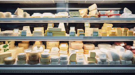 Fresh organic cheeses in the refrigerator on the shelf in the supermarket, Variety Shopping in a supermarket, healthy consumerism food concept. ai generativeの素材