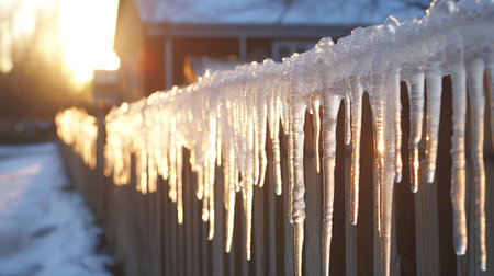 icicles glistening on a snow-covered fence. ai generativeの素材