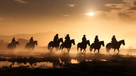 A group of people riding on the backs of horses. ai generativeの素材