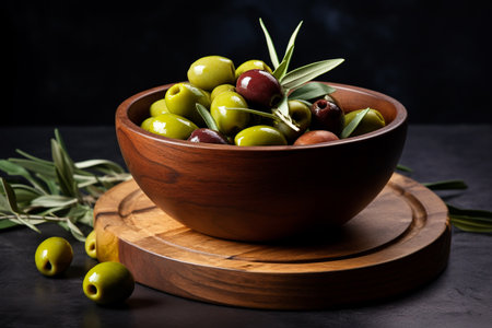 Fresh olives with core in olive bowl on dark stone table and green leaves. ai generativeの素材