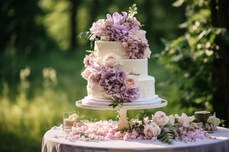 Wedding cake with floral decor, party celebration and holiday dessert catering in a country garden.ai generativeの素材