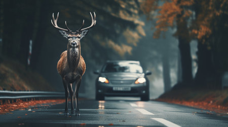 a deer walks along the road in front of the car. ai generativeの素材