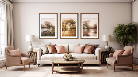 Living room gallery wall, home decor and wall art, framed art in the English country cottage interior.ai generativeの素材