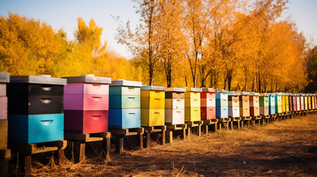 Colorful Bee hives that are arranged in a line on the farmの素材