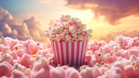 Pink popcorn in blurry fairy clouds. Movie theater concept for kids.ai generativeの素材