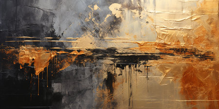 abstract acrylic background, illustration, black and gold color artist's brush strokes with oil paints on canvas. AI generativeの素材