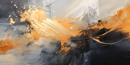 abstract acrylic background, illustration, black and gold color artist's brush strokes with oil paints on canvas. AI generativeの素材