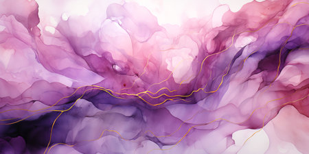 abstract watercolor background illustration, pastel pink purple color and gold marble lines. AI generativeの素材