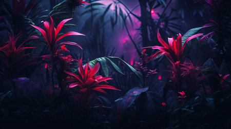 purple glow illuminates tropical foliage against a dark background. ai generativeの素材