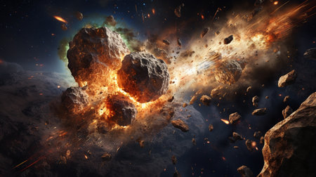 in an earth orbit, an asteroid and rocks and asteroids collide with something, explosion and fire and flames. ai generativeの素材