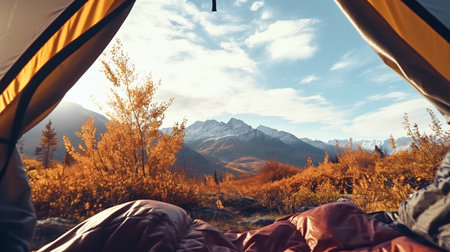 POV from a camping tent: scenic view of the mountains in the autumn. ai generativeの素材