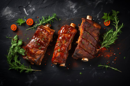 Delicious barbecued ribs seasoned with a spicy basting sauce and served with chopped fresh herbs on dark background. ai generativeの素材