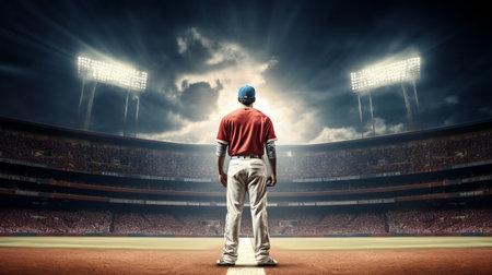 baseball player standing ready in the middle of baseball arena stadium. ai generativeの素材