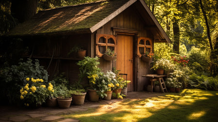 Wooden shed in the garden. ai generativeの素材