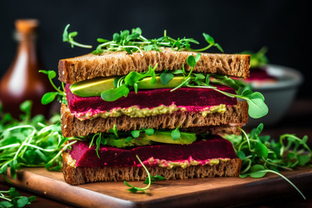 Vegan sandwiches with beetroot hummus. sandwich with beet, cheese, avocado and arugula.ai generativeの素材