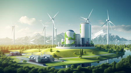 Green Hydrogen renewable energy production pipeline. Green hydrogen gas for clean electricity solar and wind turbine facility. ai generativeの素材