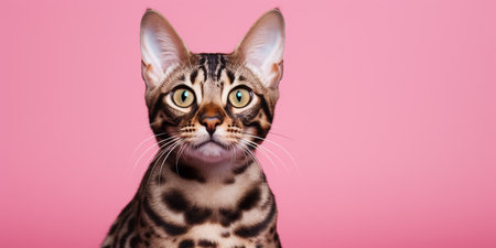 Portrait of a Bengal cat on a pink background. ai generativeの素材