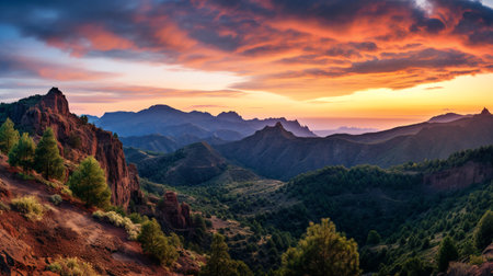 Panoramic view of Roque Nublo sacred mountain at sunset. ai generativeの素材