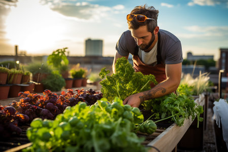 small home farm on a city roof. fresh vegetables for restaurants and cafes. ai generativeの素材