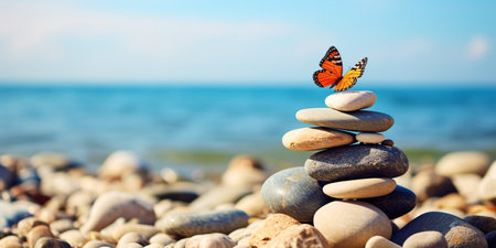 a small stack of stones on which a butterfly sits against the background of the beach. ai generativeの素材