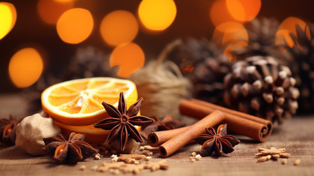 Traditional Christmas spices and dried orange slices on holiday bokeh background with focus lights. ai generativeの素材