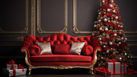 elegant red sofa, Christmas tree and gifts. ai generativeの素材