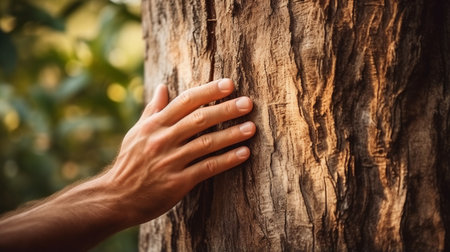 A man's hand touch the tree trunk close-up. Bark wood.Caring for the environment. The ecology concept of saving the world and love nature by human. ai generativeの素材
